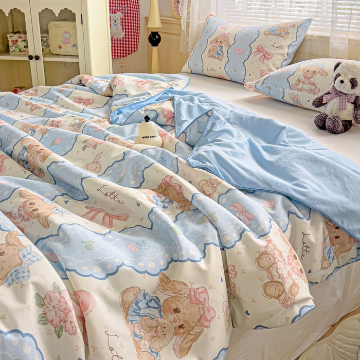 91家纺网 家纺一手货源 找家纺 2025春夏新款嵌绳款云柔水洗棉单夏被夏凉被空调被 嵌绳夏被-蓝色蕾丝兔