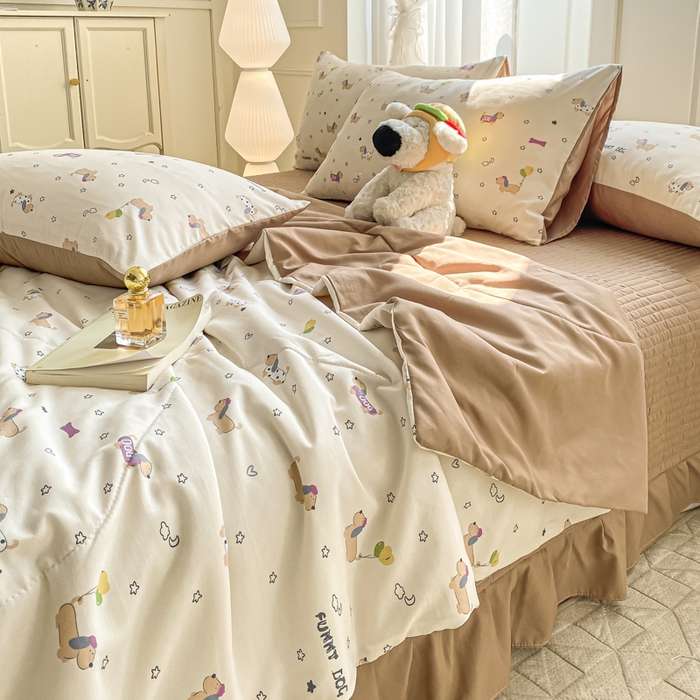 91家纺网 家纺一手货源 找家纺 一比一家纺 2025新款针织双层纱夏被床盖四件套单夏被单床盖单品 狗狗家族