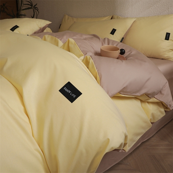 91家纺网 家纺一手货源 找家纺 启程2025新款全棉纯色双拼无印风四件套 奶昔黄+杏仁