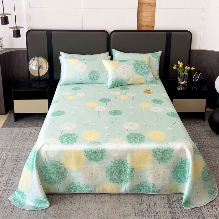 91家纺网 家纺一手货源 找家纺 纽缦家纺 2025新款印花冰丝防滑床单 蒲公英