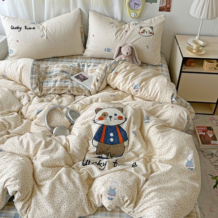 云锦家居 2025春夏新款13370纯棉印花+毛巾绣呆萌系列四件套 奶呼兔兔