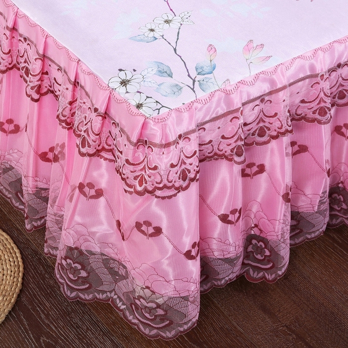 91家纺网 家纺一手货源 找家纺 情恒家纺2025新款床裙款冰丝布艺软凉席三件套 春暖花开-粉
