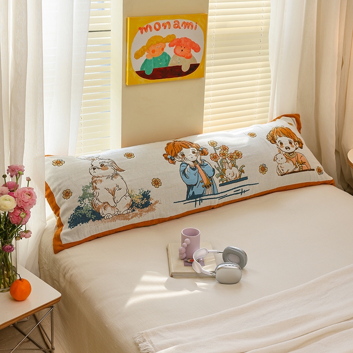 91家纺网 家纺一手货源 找家纺 雯雨2025新款A类卡通双人纱布枕套 花团女孩