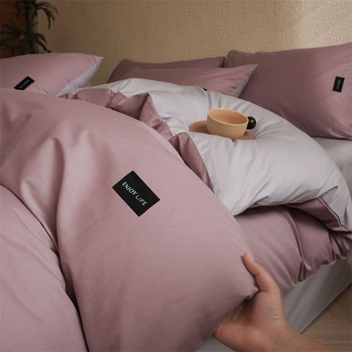 91家纺网 家纺一手货源 找家纺 启程2025新款全棉纯色双拼无印风四件套 香芋紫+水晶紫