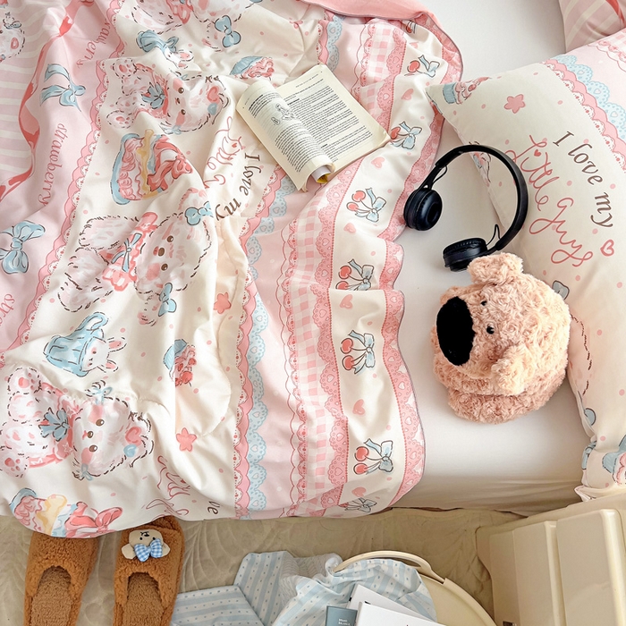 91家纺网 家纺一手货源 找家纺 2025春夏新款嵌绳款云柔水洗棉单夏被夏凉被空调被 嵌绳夏被-甜品可爱狗