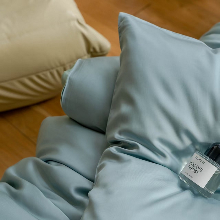 91家纺网 家纺一手货源 找家纺 未来家居 2025新款60S兰精天丝纯色四件套 天空蓝-浅艾绿