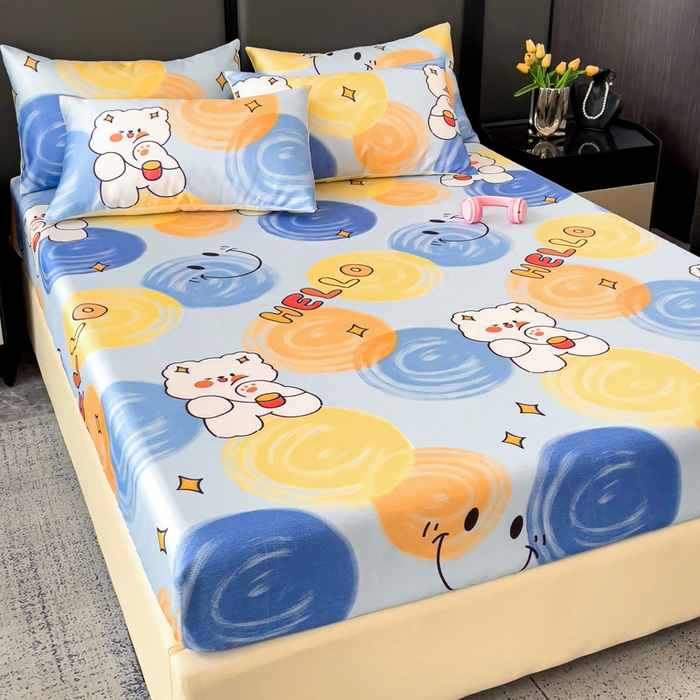 91家纺网 家纺一手货源 找家纺 纽缦家纺 2025新款印花冰丝床笠 活力青春蓝