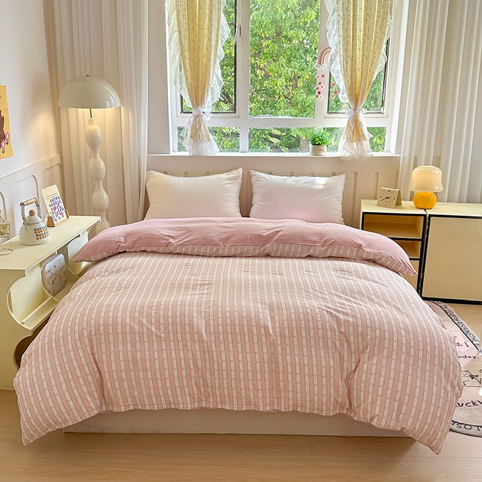 91家纺网 家纺一手货源 找家纺 玖明2025新款A类加厚柔软针织棉双层纱四件套 简约时光