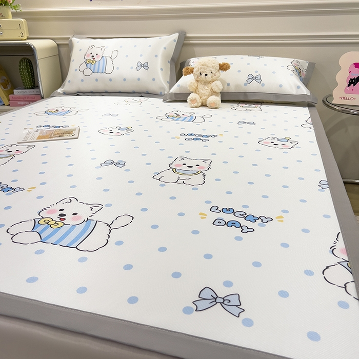 91家纺网 家纺一手货源 找家纺 摩妮卡 2025小清新数码冰丝席 碳光席三件套 蓝点萌犬