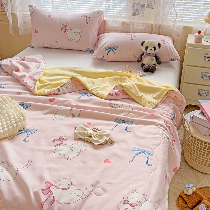 91家纺网 家纺一手货源 找家纺 2025春夏新款嵌绳款云柔水洗棉单夏被夏凉被空调被 嵌绳夏被-小蝴蝶结