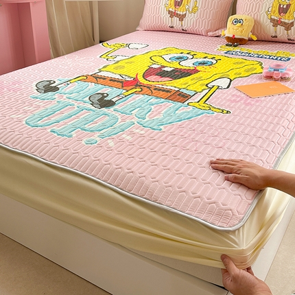金爱家 2025新款海绵宝宝乳胶凉席床笠款凉席席子 凉席床笠款-爱喝海绵宝宝粉