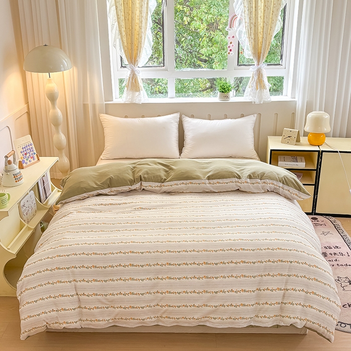 91家纺网 家纺一手货源 找家纺 玖明2025新款A类加厚柔软针织棉双层纱四件套 花叶细语-咖