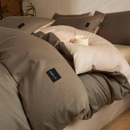 启程2025新款全棉纯色双拼无印风四件套 岩石灰+杏仁