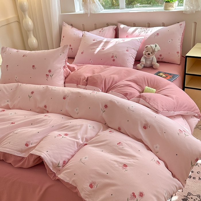 91家纺网 家纺一手货源 找家纺 玖明2025新款A类加厚柔软针织棉双层纱四件套 柔美梦境-粉