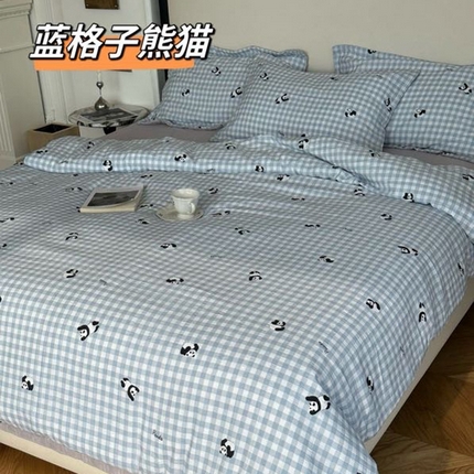 美丽坊 2025新款竹纱棉四件套 蓝格子熊猫