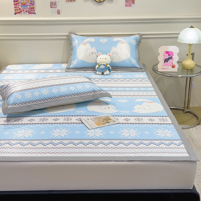 91家纺网 家纺一手货源 找家纺 摩妮卡 2025小清新数码冰丝席 碳光席三件套 蓝调喵影