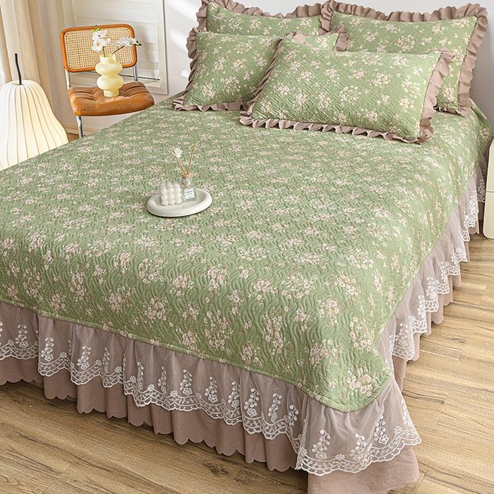 91家纺网 家纺一手货源 找家纺 梦柏 2025新款韩版双层纱夹棉绗缝床盖夏被四件套 绿野仙踪