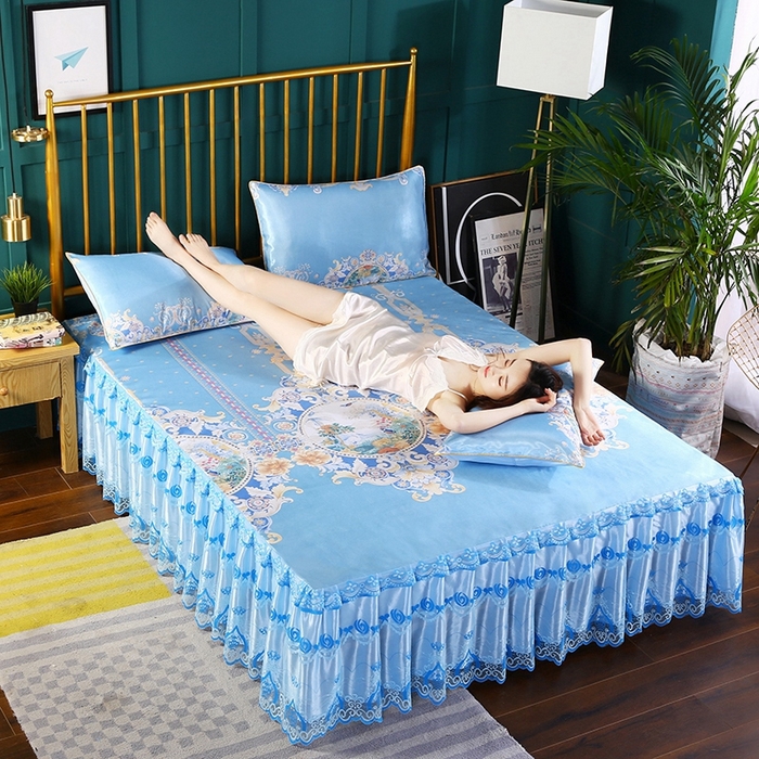 91家纺网 家纺一手货源 找家纺 （总）情恒家纺2025新款床裙款冰丝布艺软凉席三件套