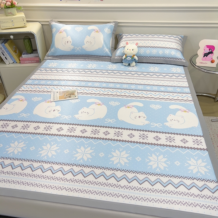 91家纺网 家纺一手货源 找家纺 摩妮卡 2025小清新数码冰丝席 碳光席三件套 蓝调喵影