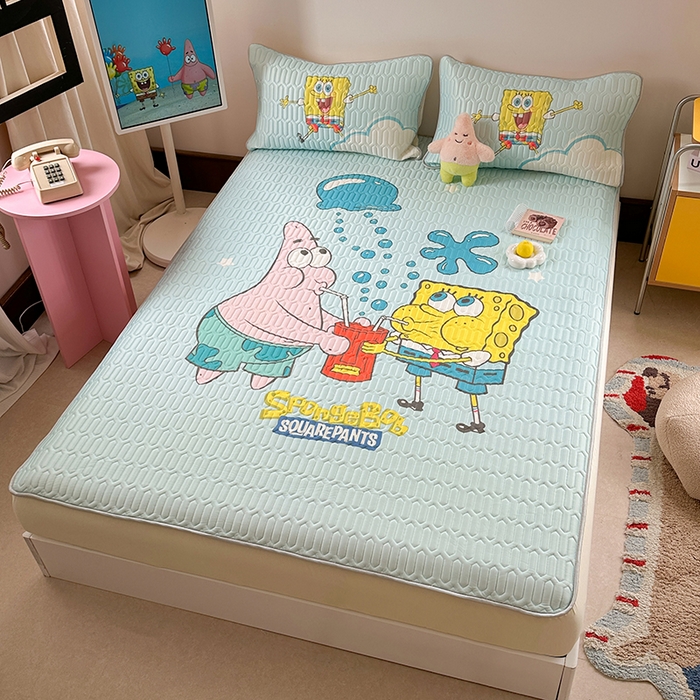 91家纺网 家纺一手货源 找家纺 金爱家 2025新款海绵宝宝乳胶凉席床笠款凉席席子 凉席床笠款-泡泡海绵宝宝