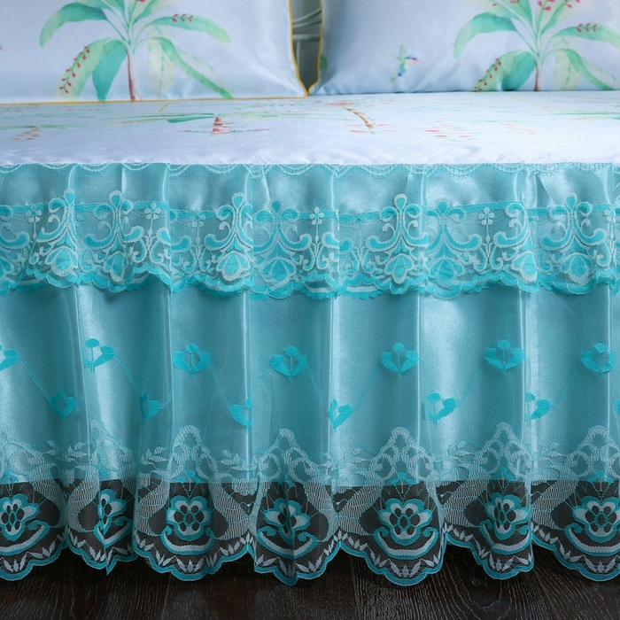 91家纺网 家纺一手货源 找家纺 情恒家纺2025新款床裙款冰丝布艺软凉席三件套 花间意-蓝