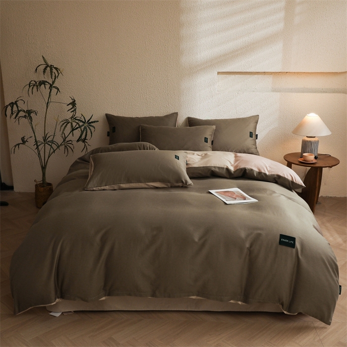 91家纺网 家纺一手货源 找家纺 启程2025新款全棉纯色双拼无印风四件套 岩石灰+杏仁