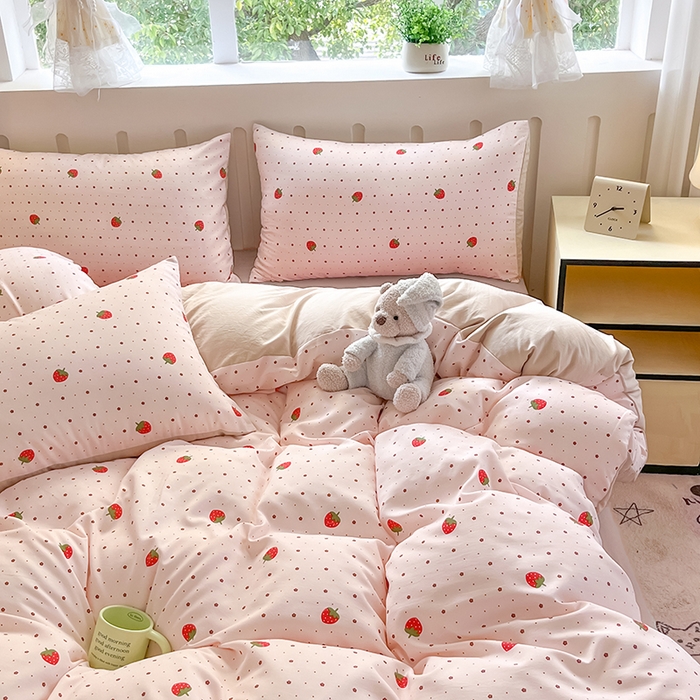 91家纺网 家纺一手货源 找家纺 玖明2025新款A类加厚柔软针织棉双层纱四件套 草莓星愿