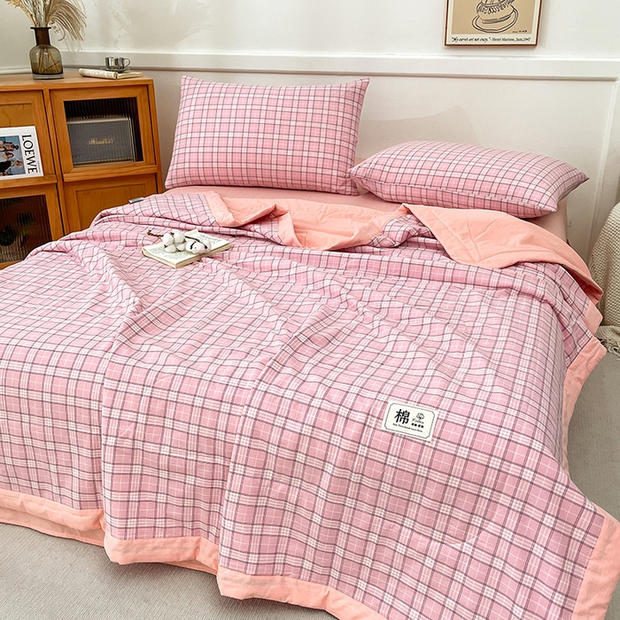 91家纺网 家纺一手货源 找家纺 鸣升家纺 2025新款100%里外全棉棉花夏被无印风全棉色织水洗棉夏凉被空调被夏被春秋被单人可机洗 格诺粉