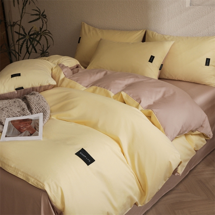 91家纺网 家纺一手货源 找家纺 启程2025新款全棉纯色双拼无印风四件套 奶昔黄+杏仁