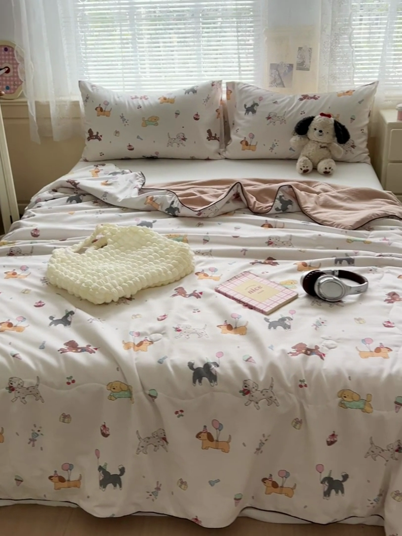 91家纺网 家纺一手货源 找家纺 2025春夏新款嵌绳款云柔水洗棉单夏被夏凉被空调被 嵌绳夏被-童年狗