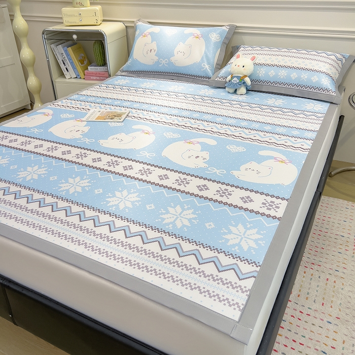 91家纺网 家纺一手货源 找家纺 摩妮卡 2025小清新数码冰丝席 碳光席三件套 蓝调喵影