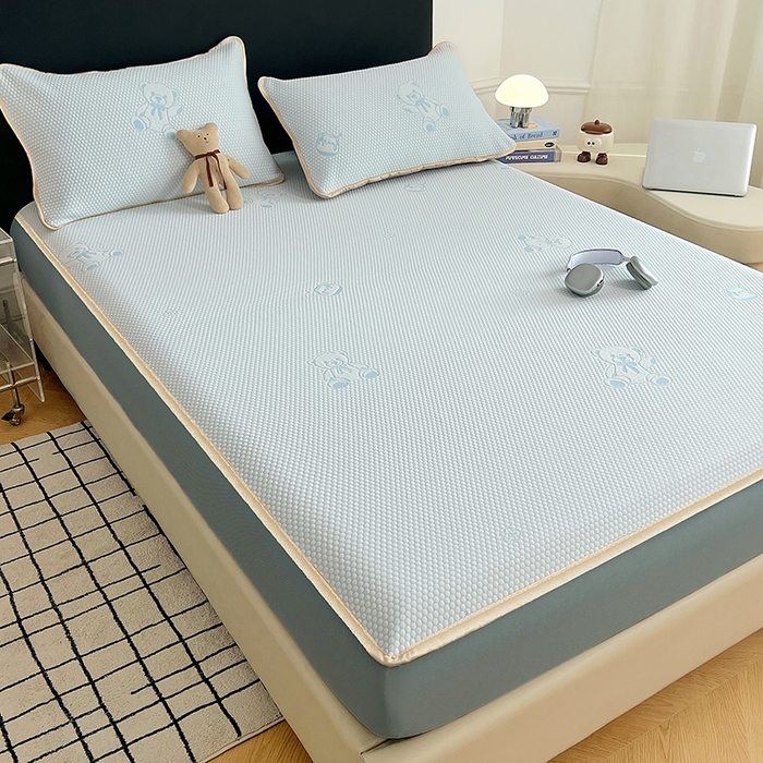 91家纺网 家纺一手货源 找家纺 梦舒羽 2025新款凉豆豆凉席-床笠款 凉豆豆-小熊蓝