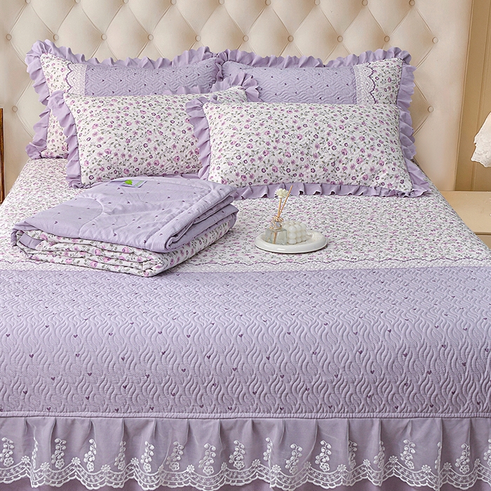 91家纺网 家纺一手货源 找家纺 梦柏 2025新款韩版双层纱夹棉绗缝床盖夏被四件套 香草