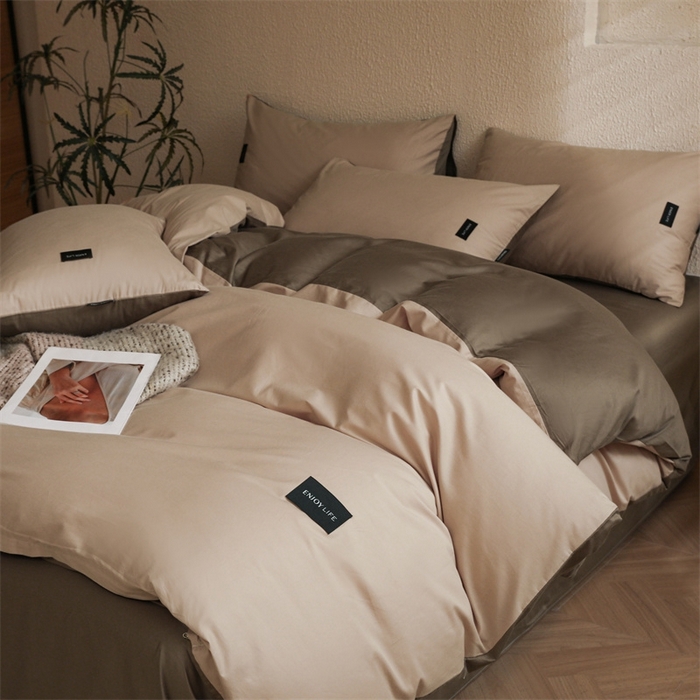 91家纺网 家纺一手货源 找家纺 启程2025新款全棉纯色双拼无印风四件套 杏仁+岩石灰