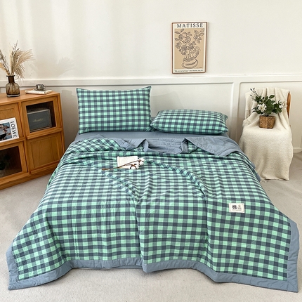 鸣升家纺 2025新款100%里外全棉棉花夏被无印风全棉色织水洗棉夏凉被空调被夏被春秋被单人可机洗 绿灰小格