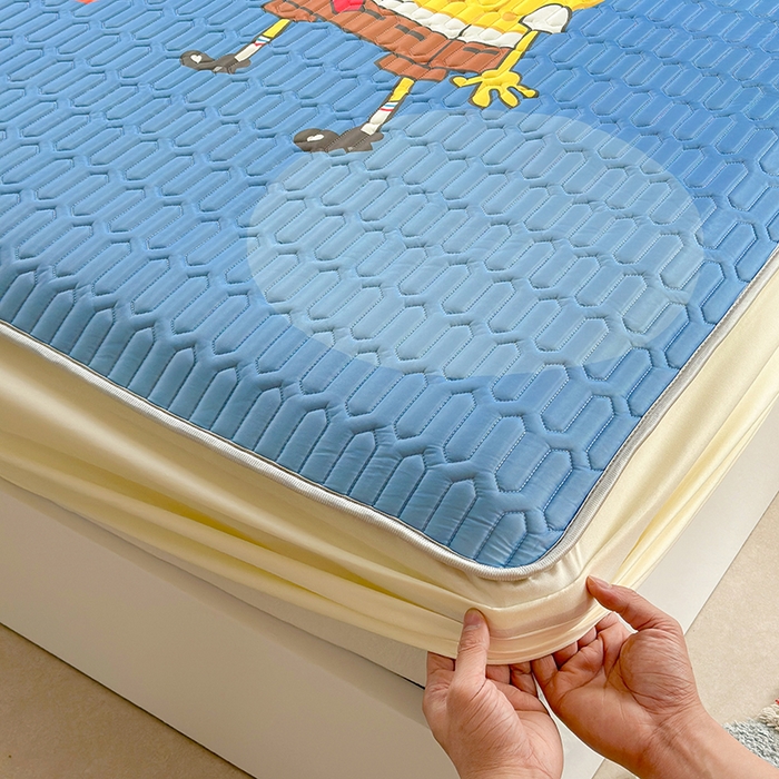 91家纺网 家纺一手货源 找家纺 金爱家 2025新款海绵宝宝乳胶凉席床笠款凉席席子 凉席床笠款-蓝蓝海绵宝宝