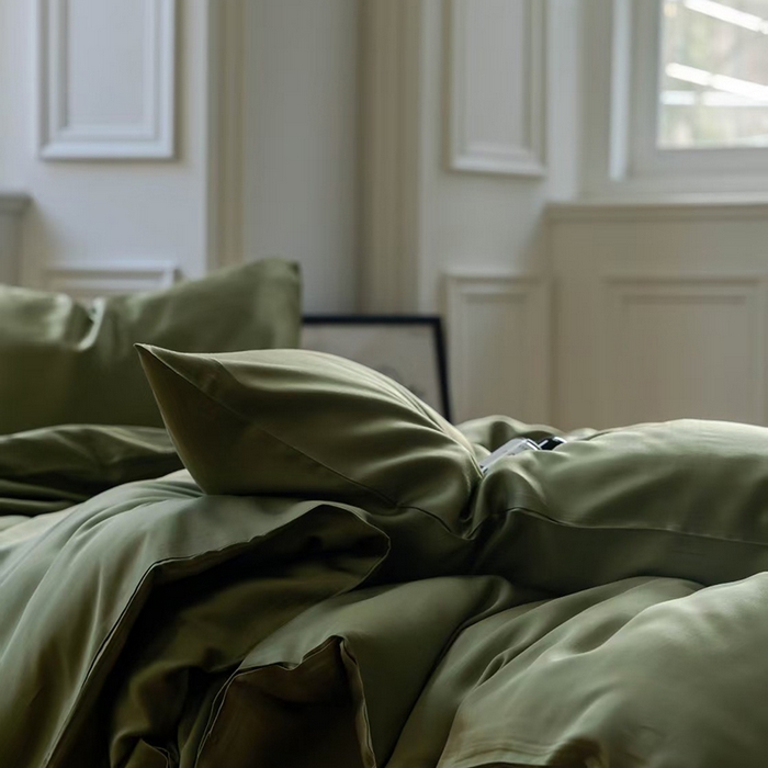 91家纺网 家纺一手货源 找家纺 未来家居 2025新款60S兰精天丝纯色四件套 欧芹绿