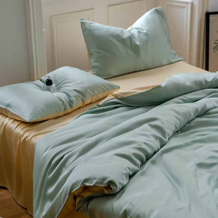 91家纺网 家纺一手货源 找家纺 未来家居 2025新款60S兰精天丝纯色四件套 浅艾绿-香槟金