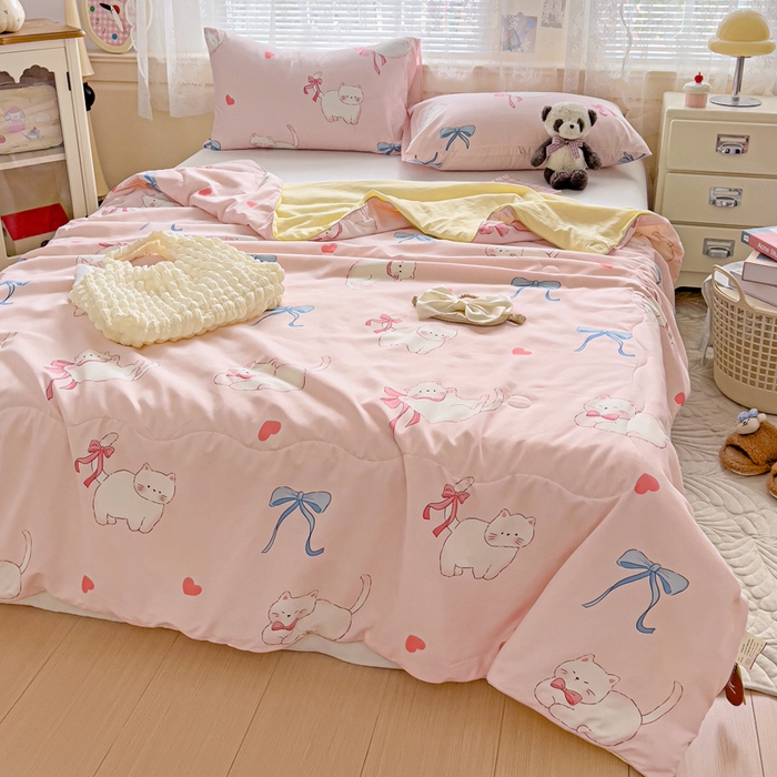 91家纺网 家纺一手货源 找家纺 2025春夏新款嵌绳款云柔水洗棉单夏被夏凉被空调被 嵌绳夏被-小蝴蝶结