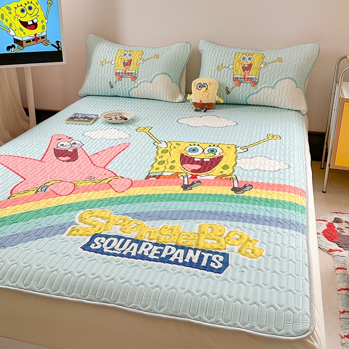 91家纺网 家纺一手货源 找家纺 金爱家 2025新款海绵宝宝乳胶凉席床笠款凉席席子 凉席床笠款-彩虹海绵宝宝