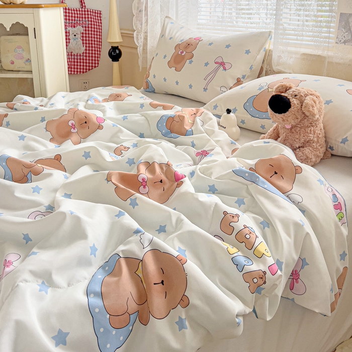 91家纺网 家纺一手货源 找家纺 2025春夏新款嵌绳款云柔水洗棉单夏被夏凉被空调被 嵌绳夏被-星星卡皮