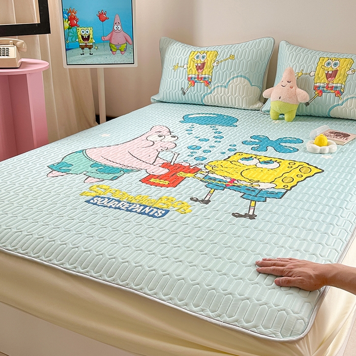 91家纺网 家纺一手货源 找家纺 金爱家 2025新款海绵宝宝乳胶凉席床笠款凉席席子 凉席床笠款-泡泡海绵宝宝