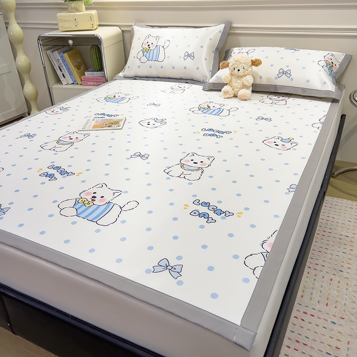 91家纺网 家纺一手货源 找家纺 摩妮卡 2025小清新数码冰丝席 碳光席三件套 蓝点萌犬