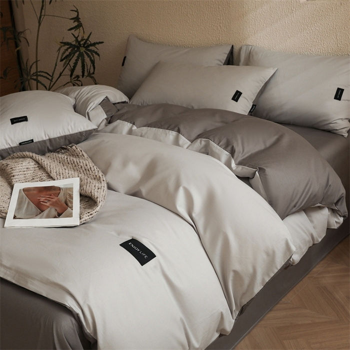 91家纺网 家纺一手货源 找家纺 启程2025新款全棉纯色双拼无印风四件套 绅士灰+雅士灰