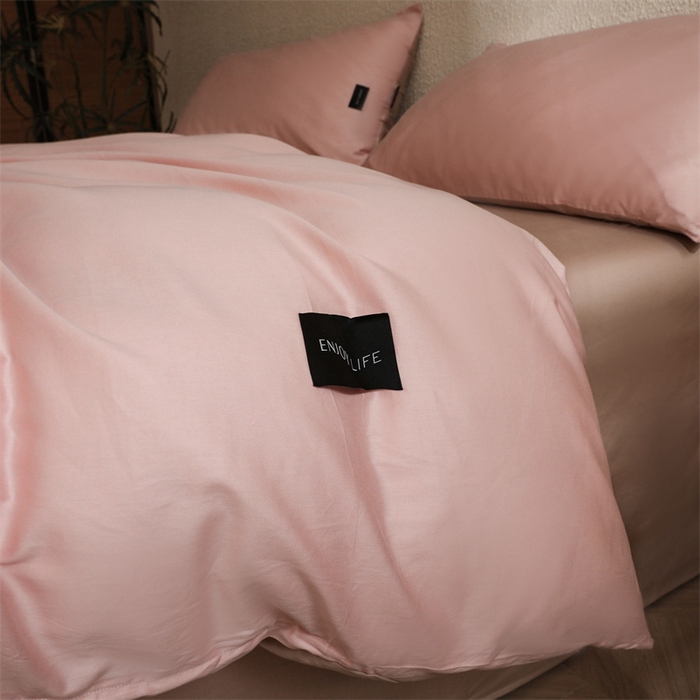 91家纺网 家纺一手货源 找家纺 启程2025新款全棉纯色双拼无印风四件套 奶油粉+杏仁