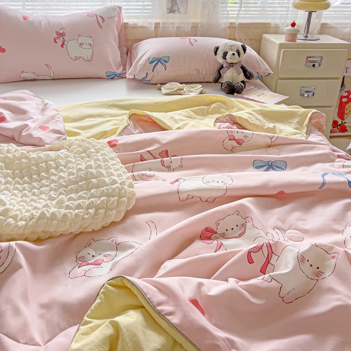 91家纺网 家纺一手货源 找家纺 2025春夏新款嵌绳款云柔水洗棉单夏被夏凉被空调被 嵌绳夏被-小蝴蝶结