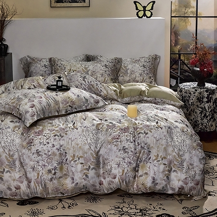 91家纺网 家纺一手货源 找家纺 未来家居 2025春夏新款100支莱赛尔天丝贡缎纯色印花系列高端礼盒四件套 素影花汀