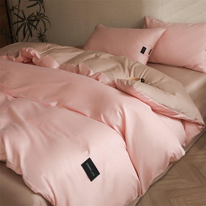 91家纺网 家纺一手货源 找家纺 启程2025新款全棉纯色双拼无印风四件套 奶油粉+杏仁