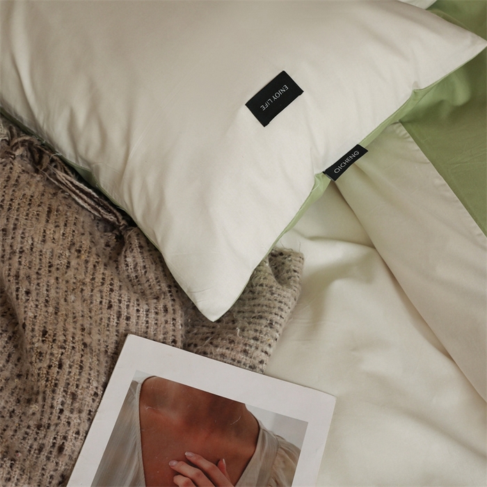 91家纺网 家纺一手货源 找家纺 启程2025新款全棉纯色双拼无印风四件套 奶白+草绿