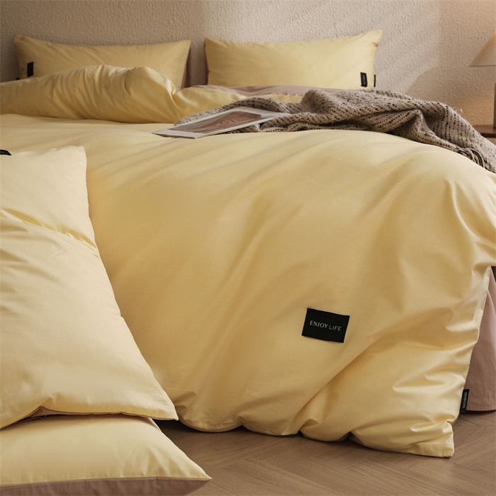 91家纺网 家纺一手货源 找家纺 启程2025新款全棉纯色双拼无印风四件套 奶昔黄+杏仁